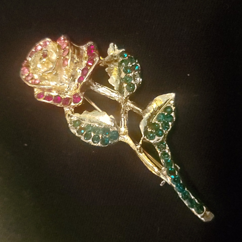 EUC Gold Rose Brooch/Pin with Pink, Red and Green Stones